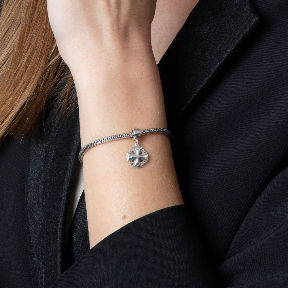 Flared Jerusalem Cross Hanging Charm in 925 Sterling Silver, view 4 by Marina Jewelry