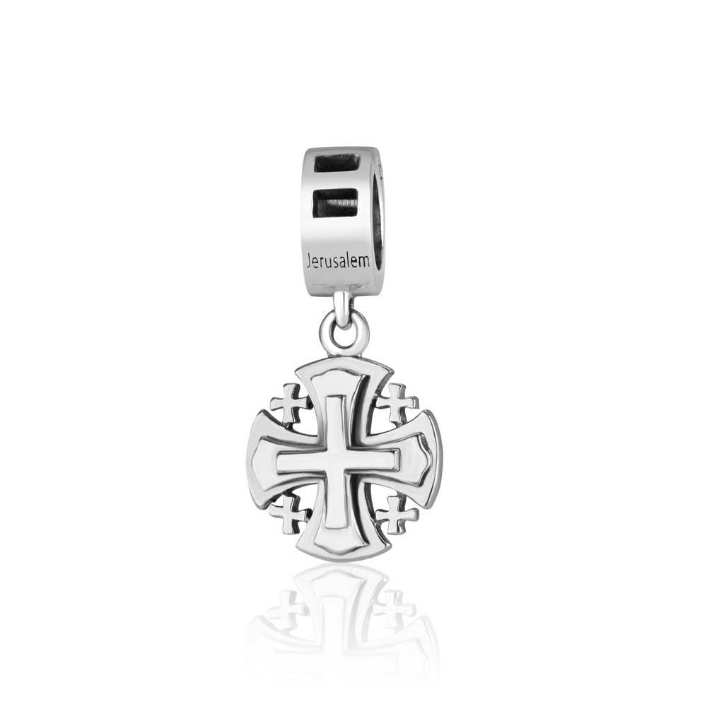 Flared Jerusalem Cross Hanging Charm in 925 Sterling Silver, Open Bead, view 2 by Marina Jewelry