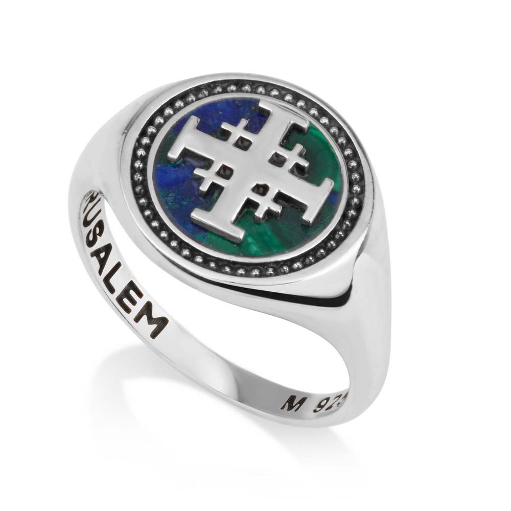 Jerusalem Cross Eilat Stone Signet Ring, Beaded Border, 925 Sterling Silver
