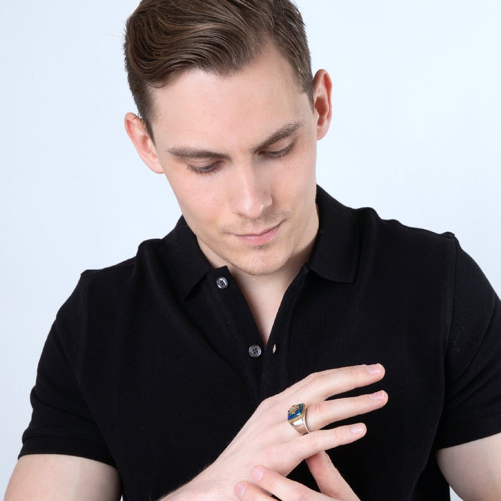 Men's Jerusalem Cross Signet Ring in 925 Sterling Silver with Eilat Stone, Gold-Plated Cross and Rope Frame, view 5 by Marina Jewelry