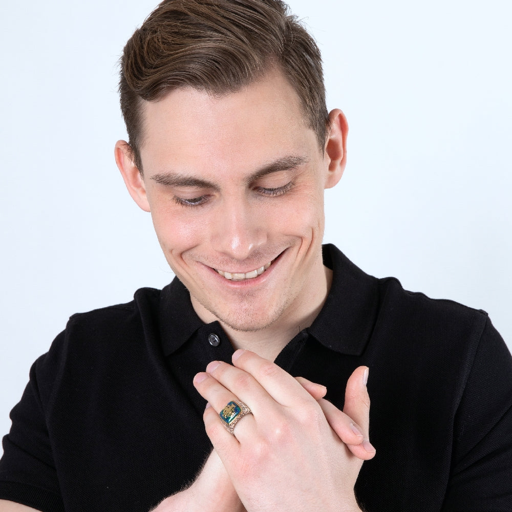Men's Jerusalem Cross Signet Ring in 925 Sterling Silver with Eilat Stone, Gold-Plated Frame and Stone-Wall Shoulders, view 3 by Marina Jewelry