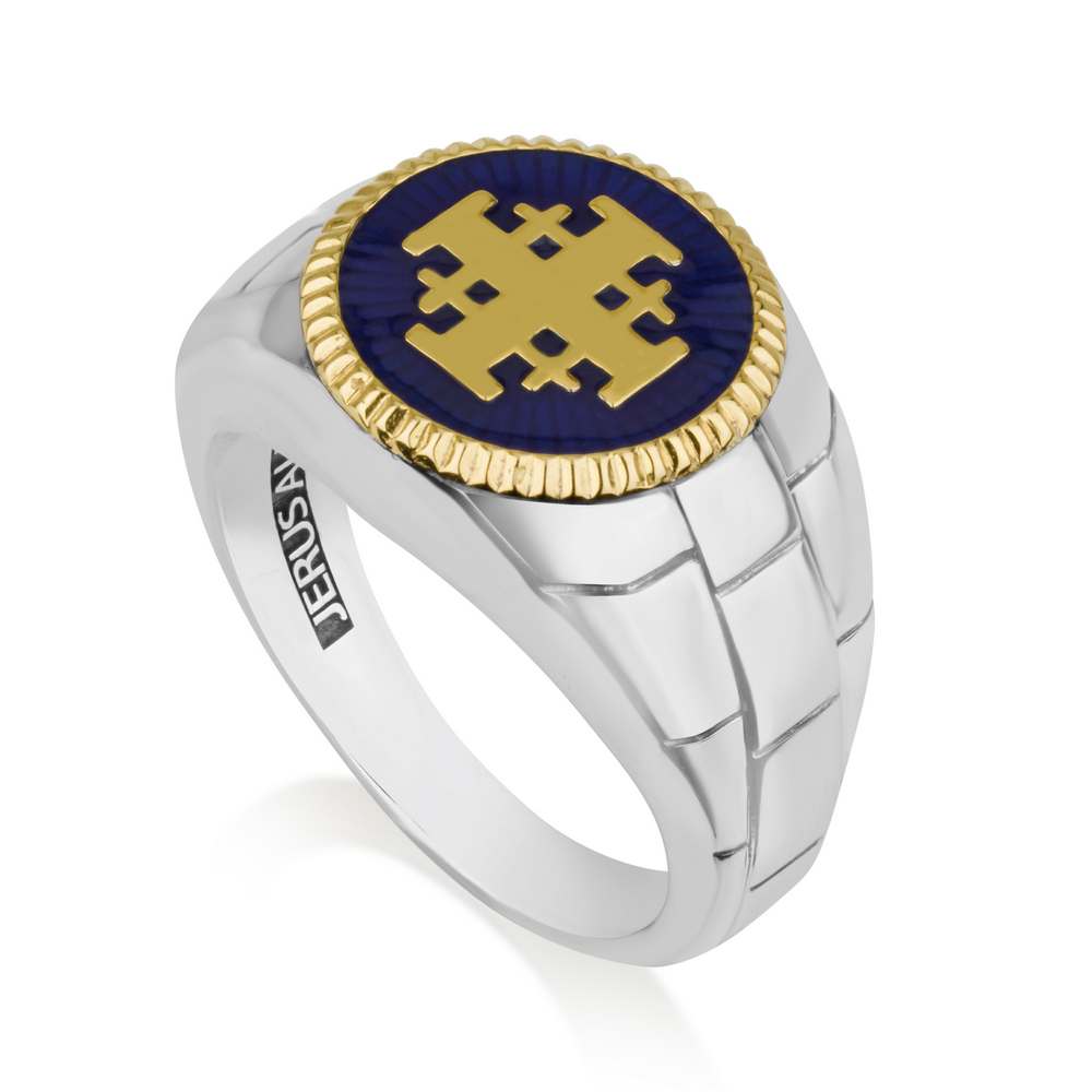 Men's Jerusalem Cross Ring in 925 Sterling Silver and 14K Gold-Plating by Marina Jewelry