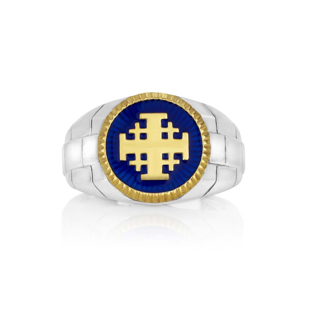 Jerusalem Cross Ring in 925 Sterling Silver and 14K Gold-Plating - For Men