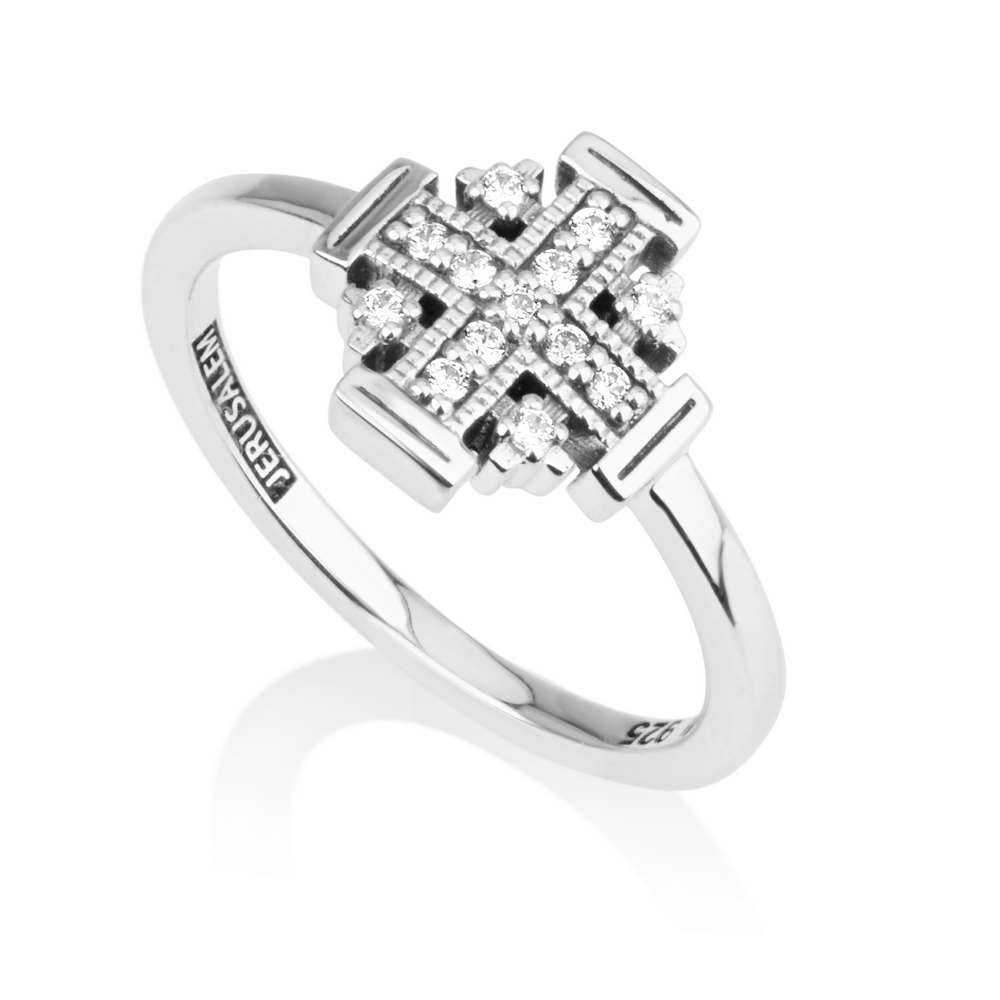 Jerusalem Cross Ring in 925 Sterling Silver with Pavé Cubic Zirconia by Marina Jewelry