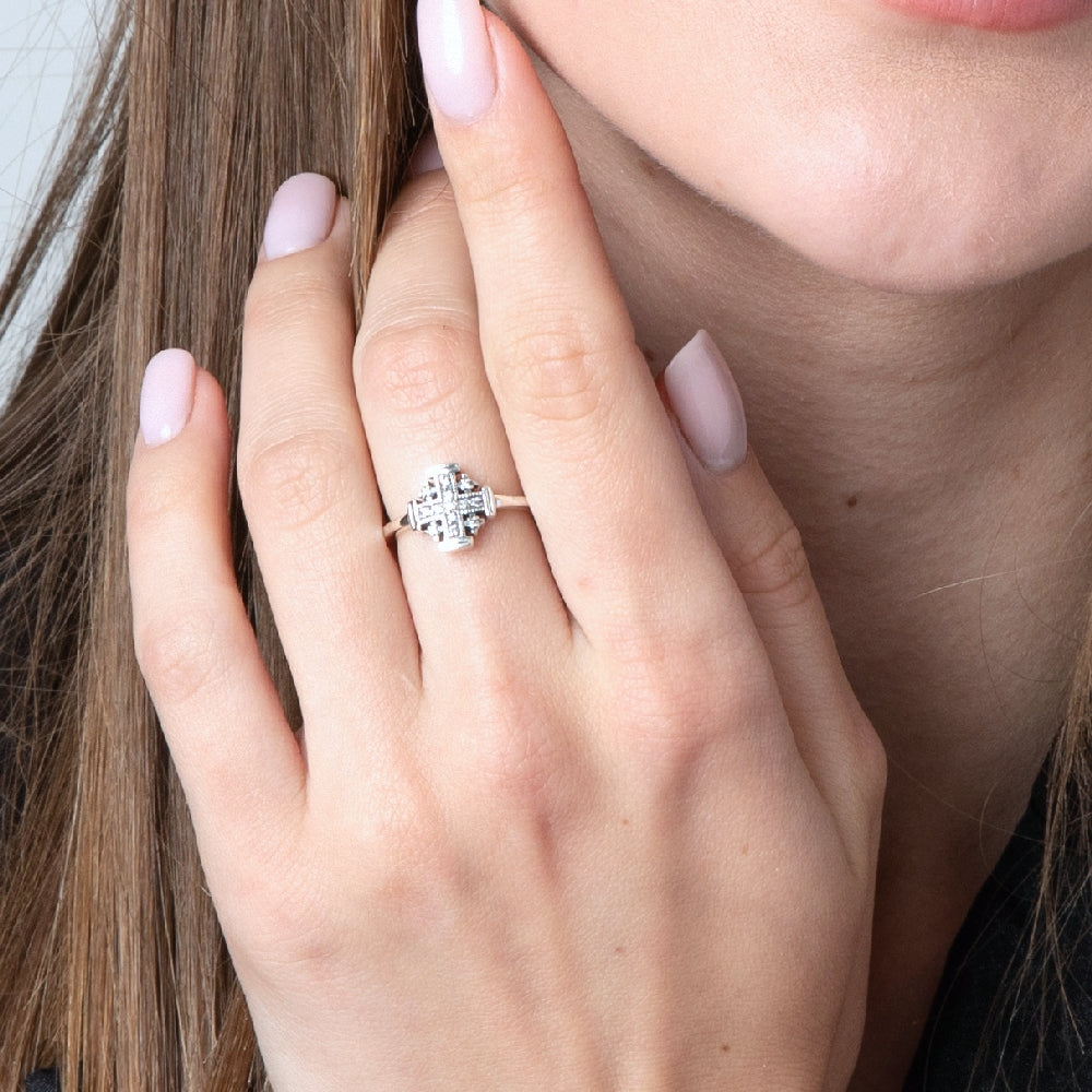 Jerusalem Cross Ring in 925 Sterling Silver with Pavé Cubic Zirconia – shown worn
