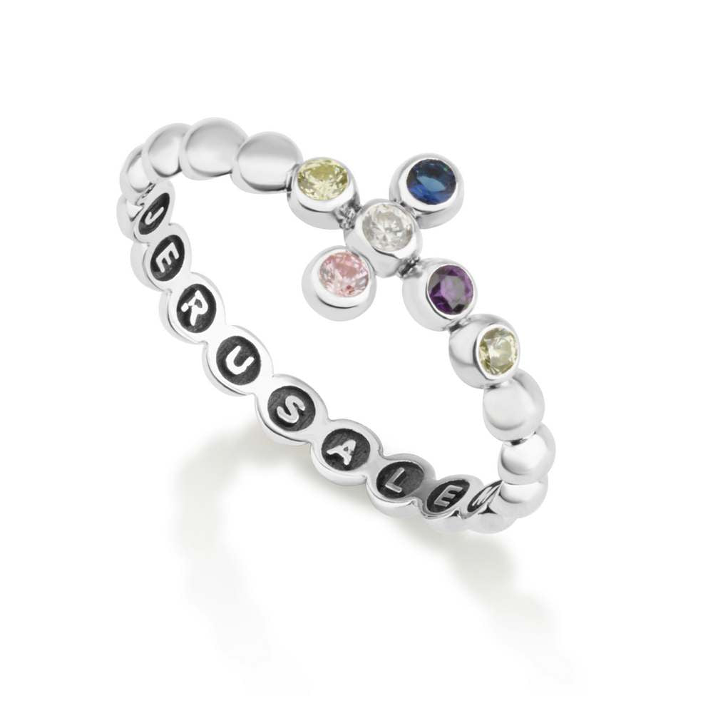 Multi-Stone Cross Rosary Band Ring in 925 Sterling Silver, Raised Jerusalem Lettering