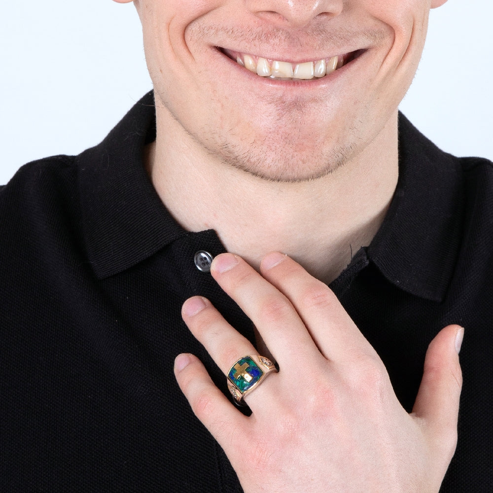 Men's Eilat Stone Cross Signet Ring in 925 Sterling Silver, Gold-Plated, Cross Accent – shown worn