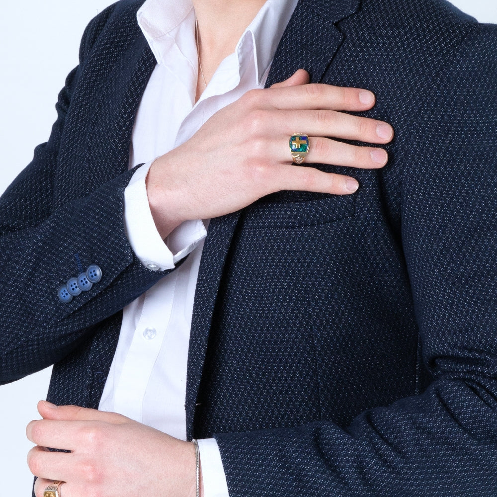 Men's Eilat Stone Cross Signet Ring in 925 Sterling Silver, Gold-Plated, Cross Accent – shown worn