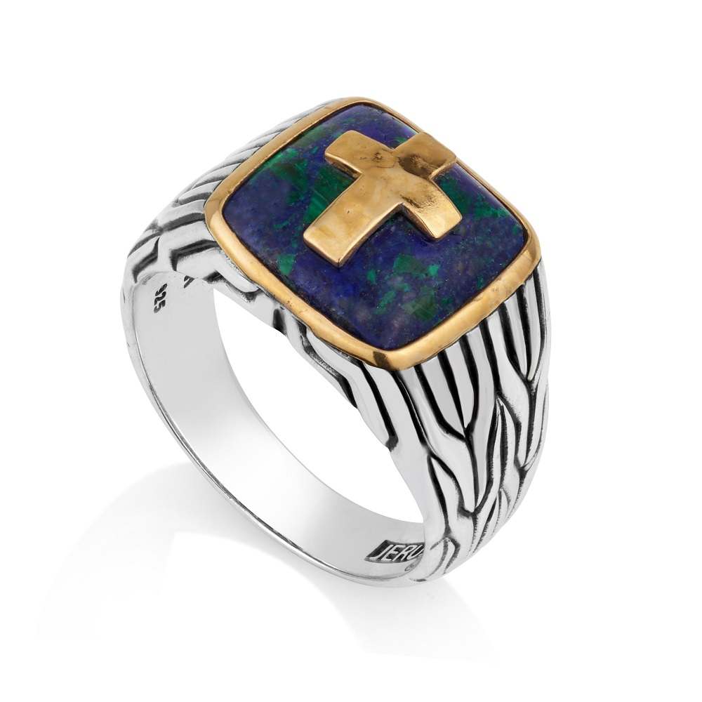 Men's gold-plated hammered cross signet ring with Eilat Stone in 925 sterling silver by Marina Jewelry