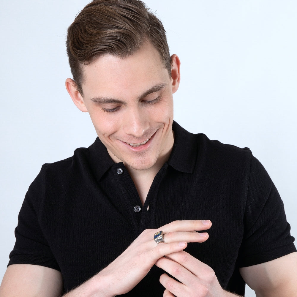 Men's Eilat Stone Hammered Cross Signet Ring in 925 Sterling Silver, Gold-Plated – shown worn
