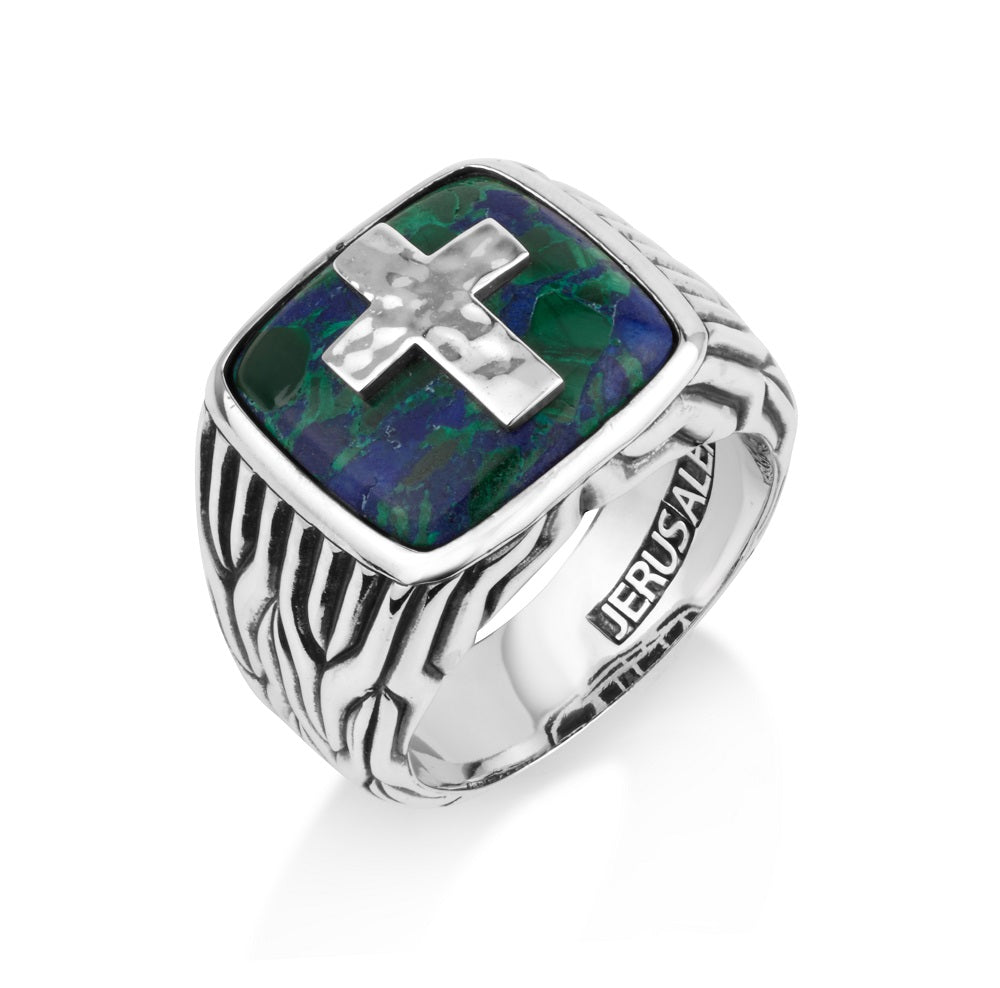 Men's fluted Eilat Stone cross signet ring in 925 sterling silver by Marina Jewelry