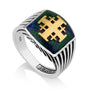 Men's Eilat Stone Jerusalem Cross signet ring with ribbed shoulders by Marina Jewelry