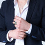 Men's Jerusalem Cross Signet Ring in 925 Sterling Silver with Eilat Stone, Gold-Plated Cross and Ribbed Shoulders, view 5 by Marina Jewelry
