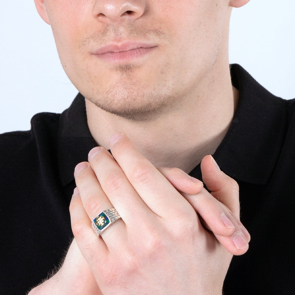 Jerusalem Cross Ring in 925 Sterling Silver with Azurite Stone and Gold-Plated Cross - For Men – shown worn