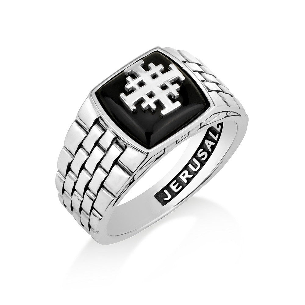 Men's black onyx Jerusalem Cross signet ring with stone-wall band by Marina Jewelry