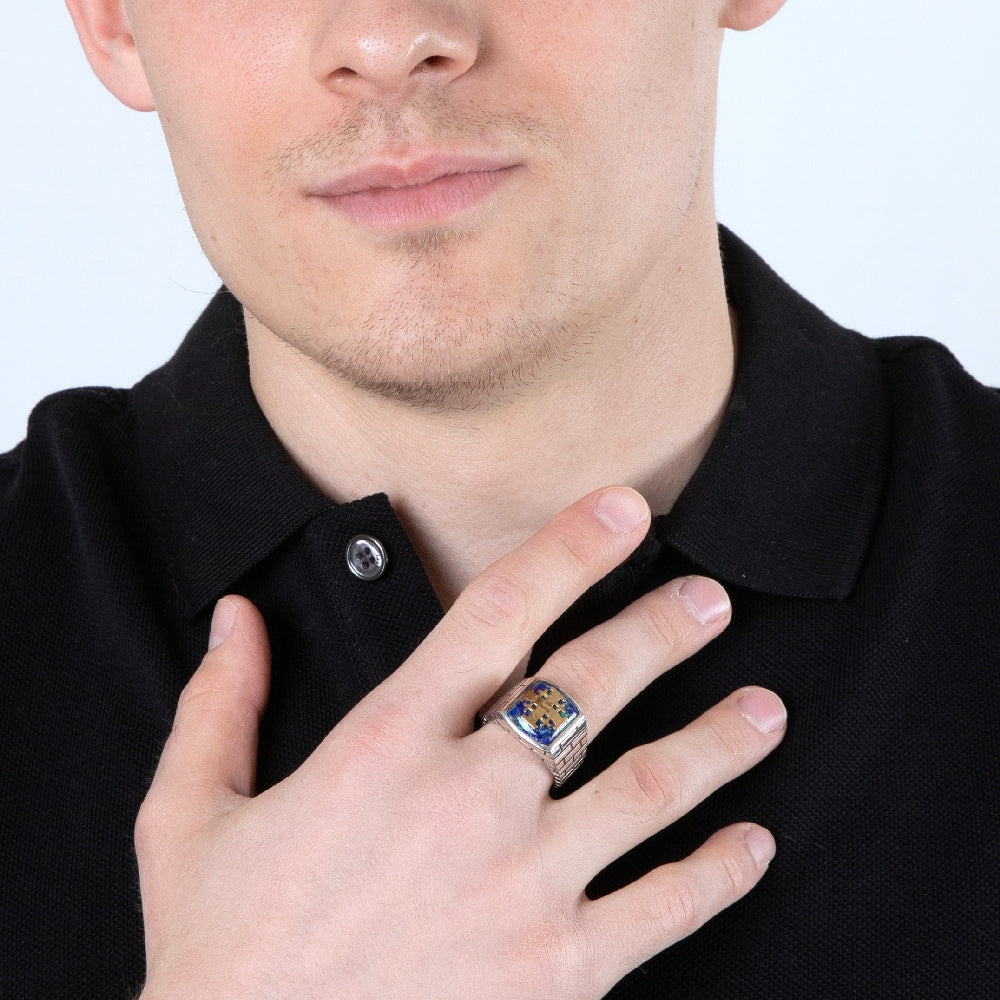 Jerusalem Cross Ring in 925 Sterling Silver with Azurite-Malachite Stone and Gold-Plated Cross - For Men – shown worn