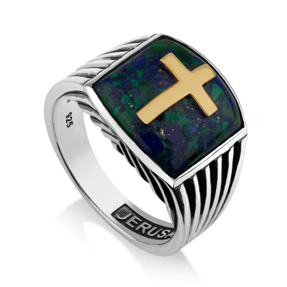 Men's gold-plated fluted Eilat Stone cross signet ring in 925 sterling silver by Marina Jewelry