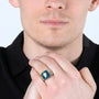 Men's Eilat Stone Cross Signet Ring in 925 Sterling Silver, Gold-Plated, Fluted – shown worn, close-up