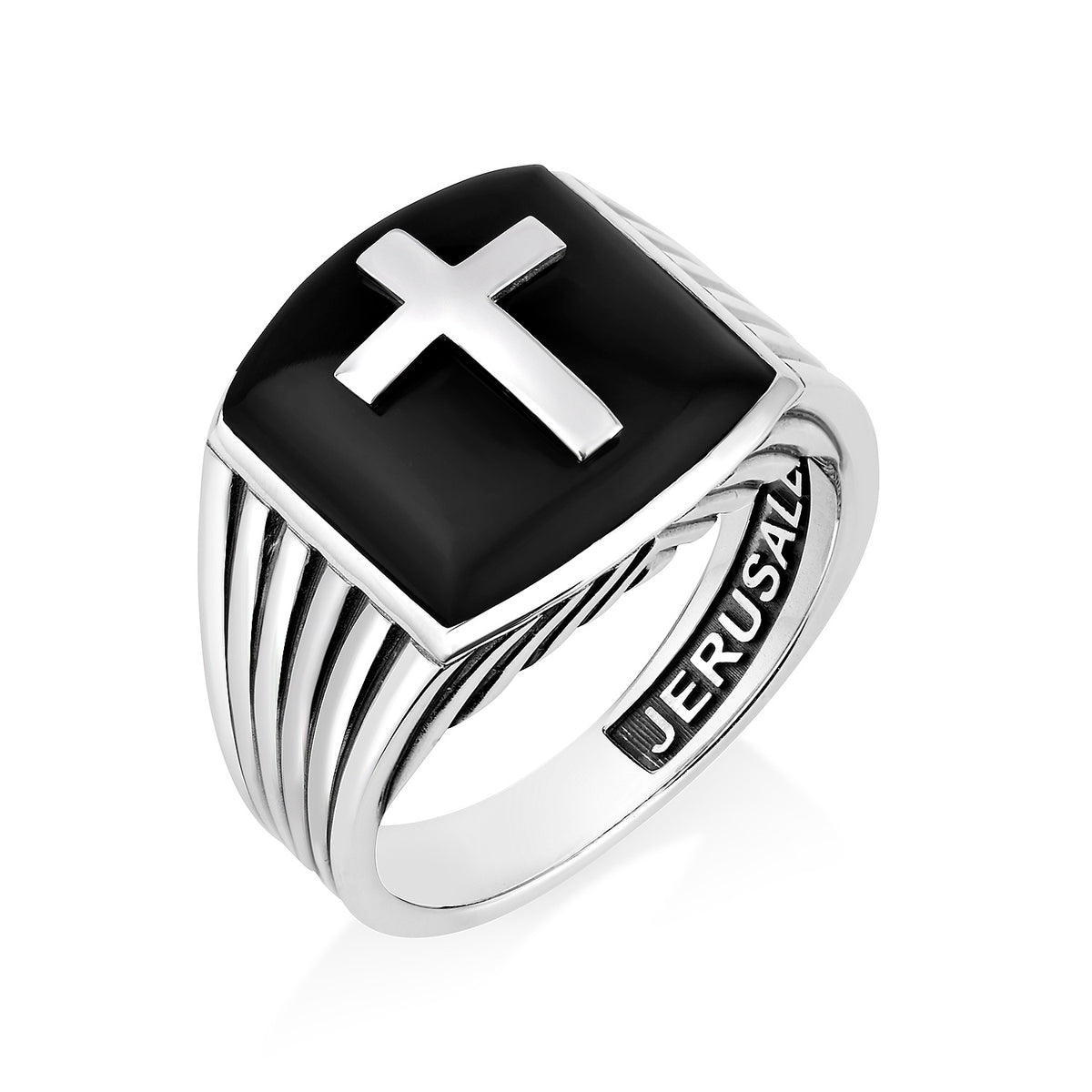 Men's fluted onyx cross signet ring in 925 sterling silver by Marina Jewelry