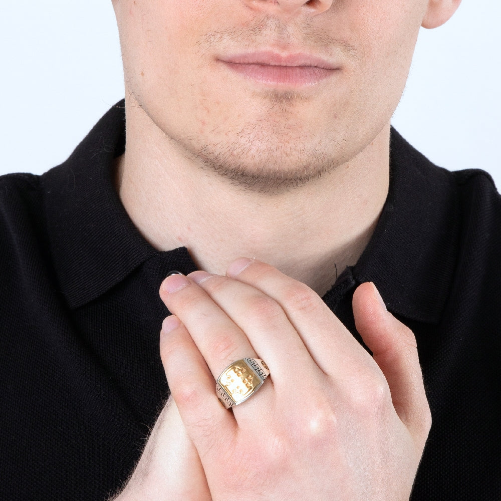 Jerusalem Cross Ring in 925 Sterling Silver with Gold-Plated Cross - For Men – shown worn