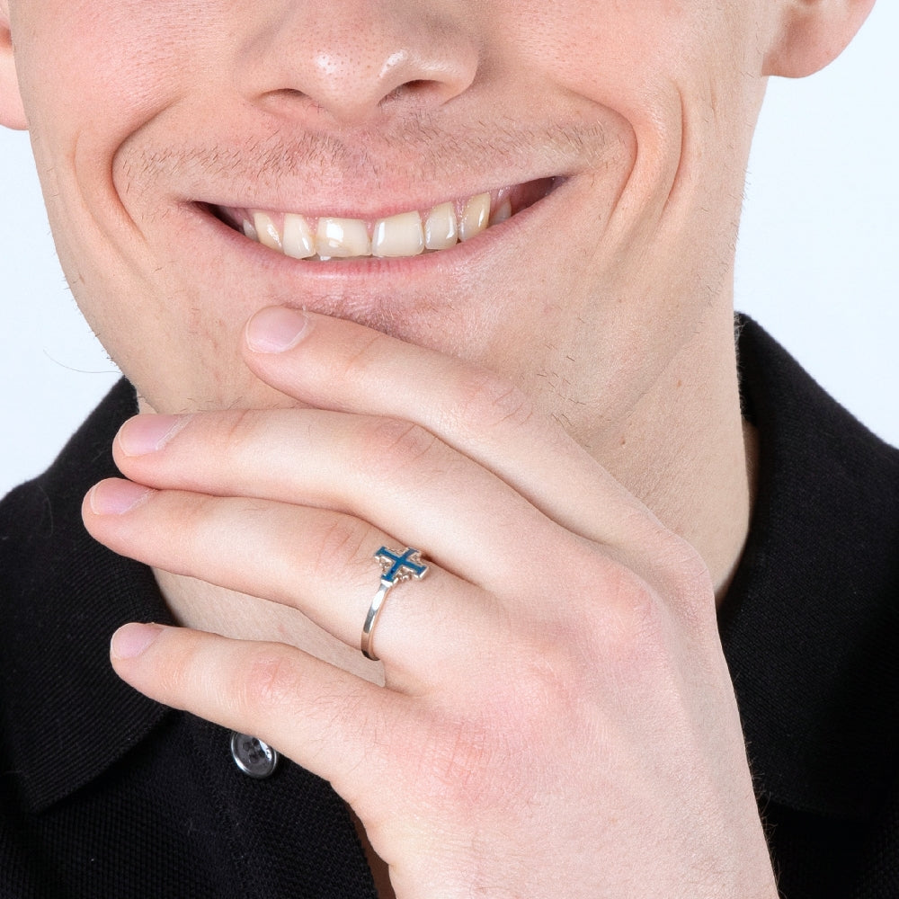 Jerusalem Cross Ring in 925 Sterling Silver with Blue Enamel, Slim Band, view 3 by Marina Jewelry