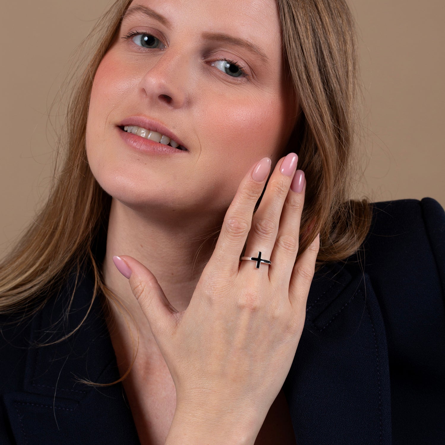 Black Enamel Sideways Cross Ring in 925 Sterling Silver – shown worn