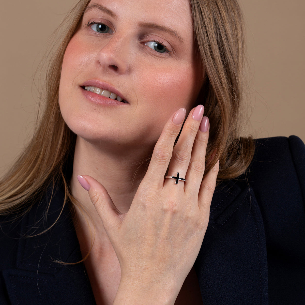 Black Enamel Sideways Cross Ring in 925 Sterling Silver – shown worn