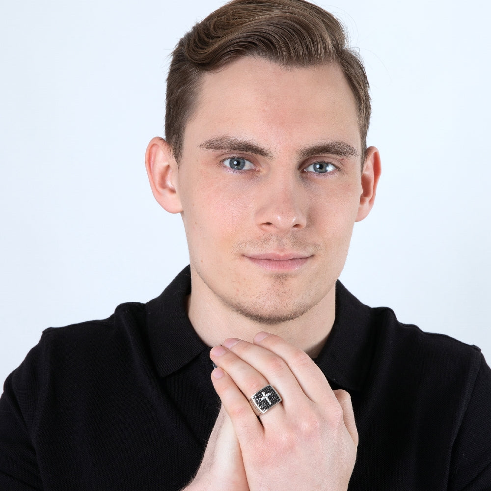 Men's Pavé Cross Signet Ring in 925 Sterling Silver, Black & White – shown worn