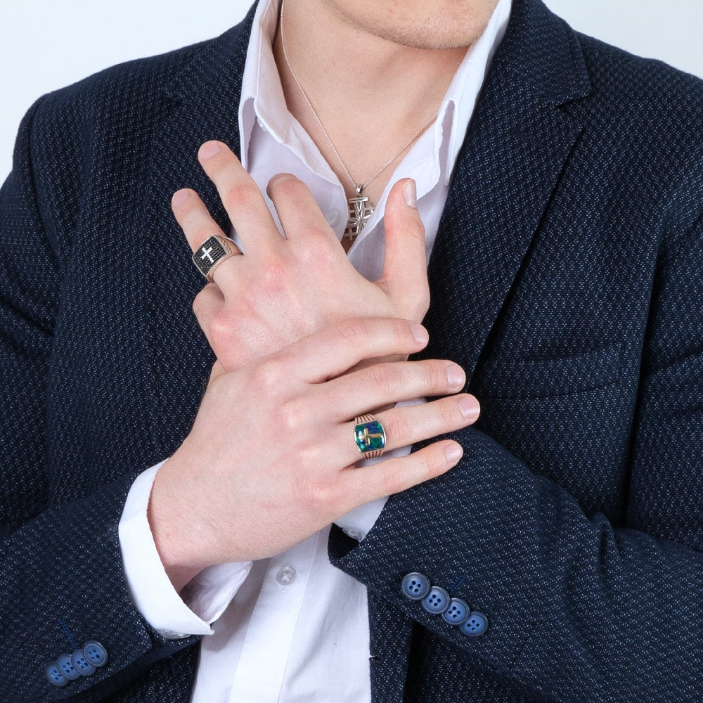 Men's Pavé Cross Signet Ring in 925 Sterling Silver, Black & White – shown worn
