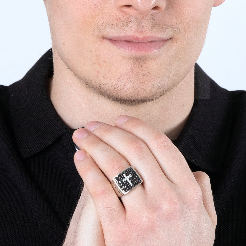Men's Pavé Cross Signet Ring in 925 Sterling Silver, Black & White – shown worn