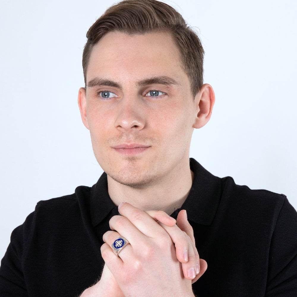 Jerusalem Cross Ring in 925 Sterling Silver with Blue Enamel and Pave Zircon Stones - For Men – shown worn