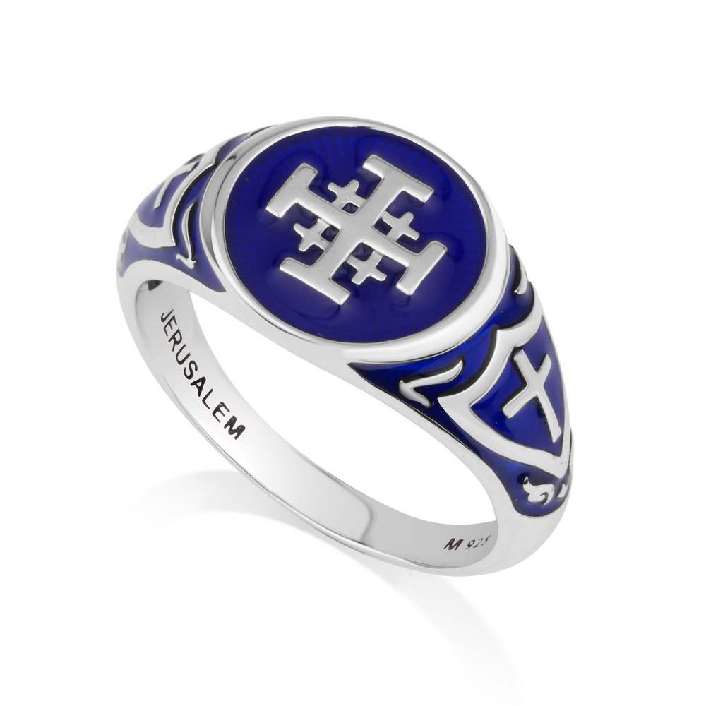 Jerusalem Cross Ring in 925 Sterling Silver with Blue Enamel by Marina Jewelry