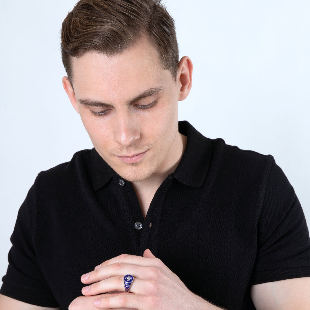 Jerusalem Cross Ring in 925 Sterling Silver with Blue Enamel – shown worn