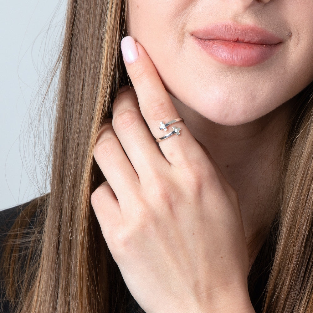 Open Cross Ring in 925 Sterling Silver, Zircon – shown worn