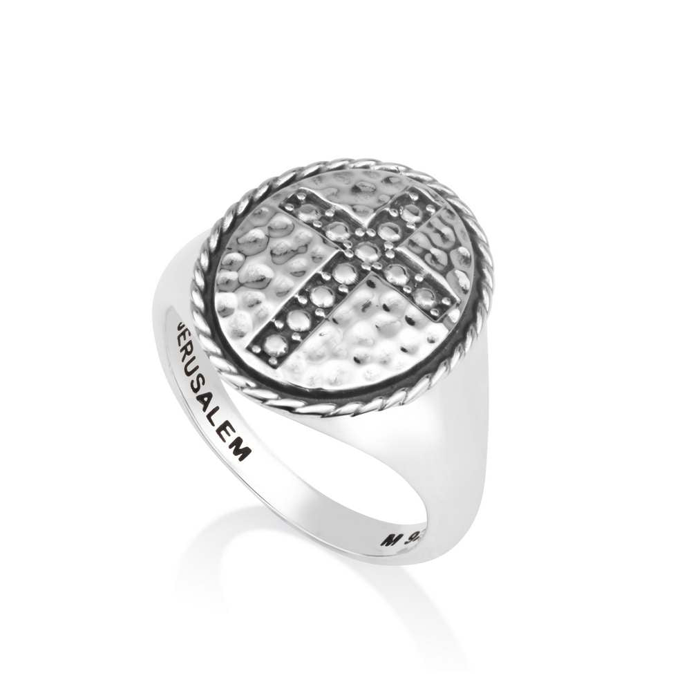 Beaded cross signet ring with hammered oval face in 925 sterling silver by Marina Jewelry