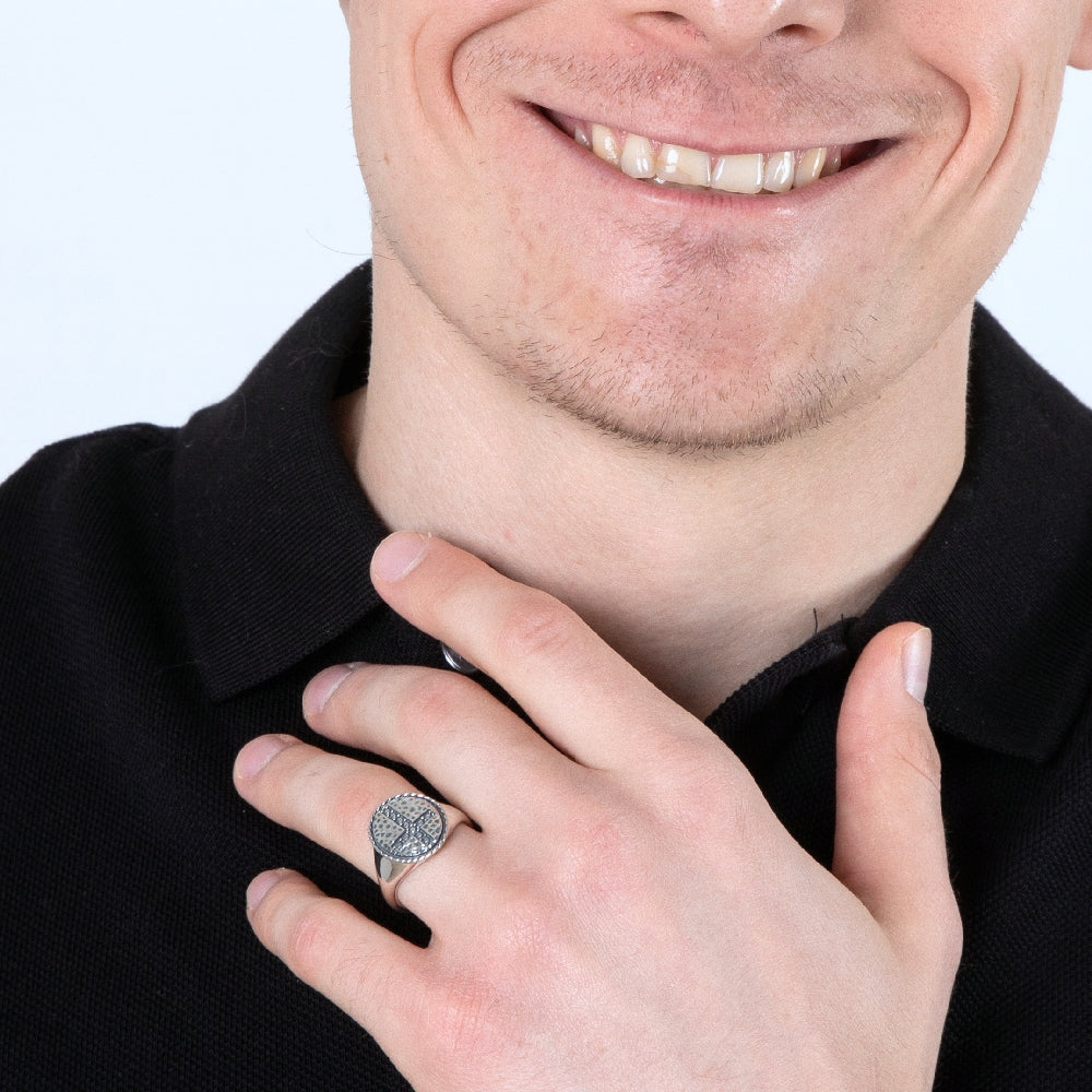Beaded Cross Signet Ring in 925 Sterling Silver, Hammered Face – shown worn