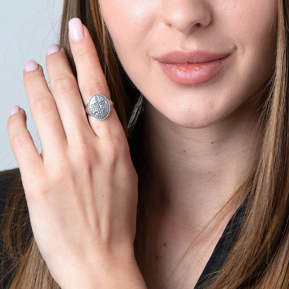 Beaded Cross Signet Ring in 925 Sterling Silver, Hammered Face – shown worn