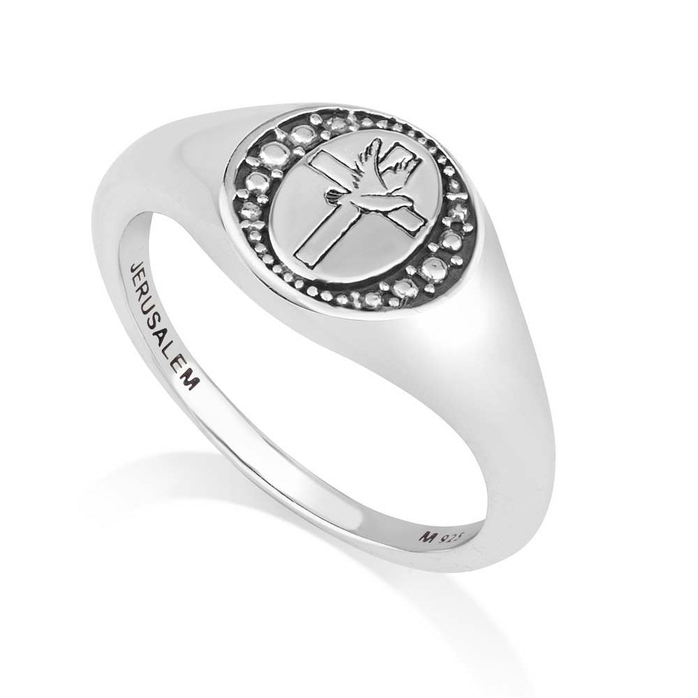 Dove and Cross oxidized signet ring in 925 sterling silver by Marina Jewelry