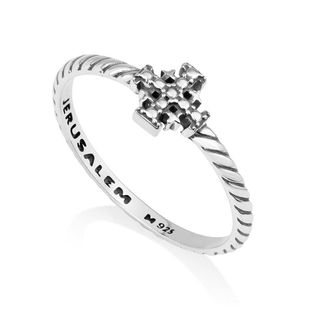 Jerusalem Cross Ring in 925 Sterling Silver, Twisted Band by Marina Jewelry