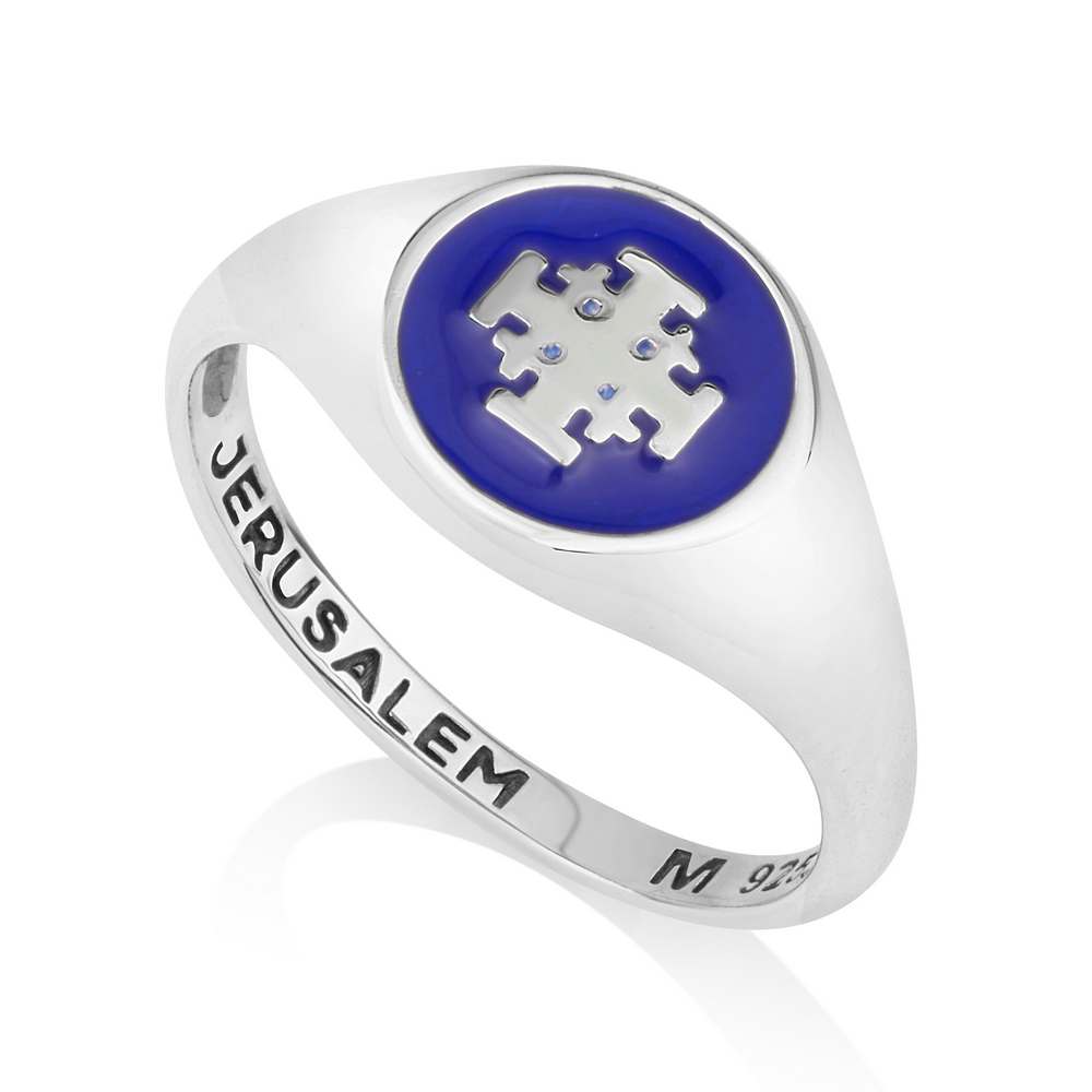 Jerusalem Cross Ring in 925 Sterling Silver with Blue Enamel and Pavé Cubic Zirconia by Marina Jewelry