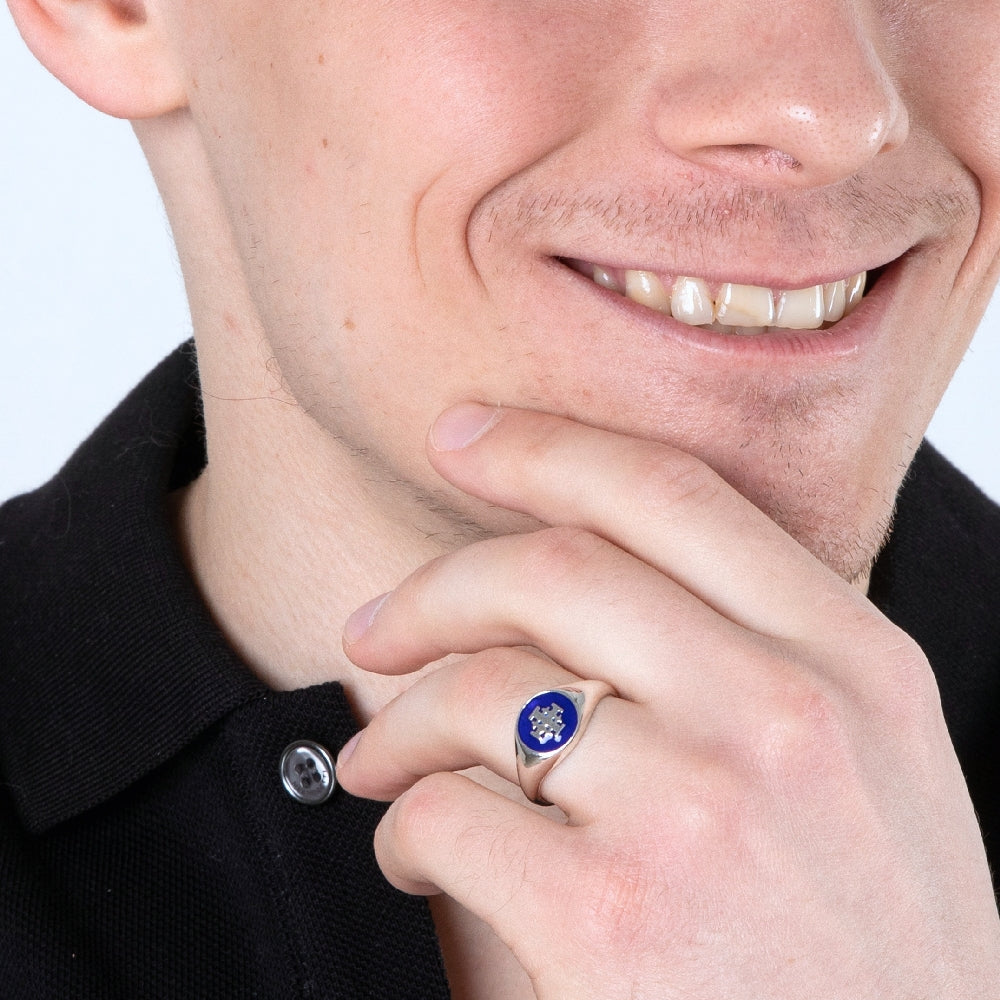 Jerusalem Cross Ring in 925 Sterling Silver with Blue Enamel and Pavé Cubic Zirconia – shown worn