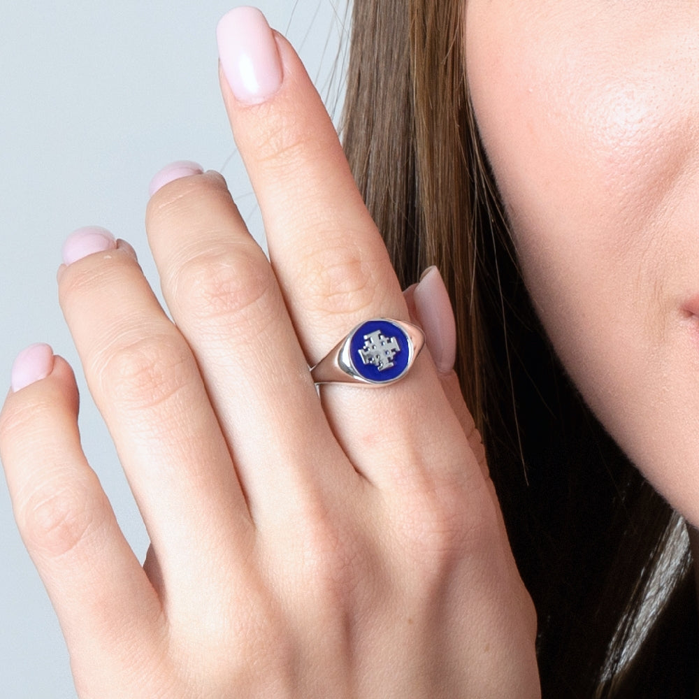 Jerusalem Cross Ring in 925 Sterling Silver with Blue Enamel and Pavé Cubic Zirconia – shown worn