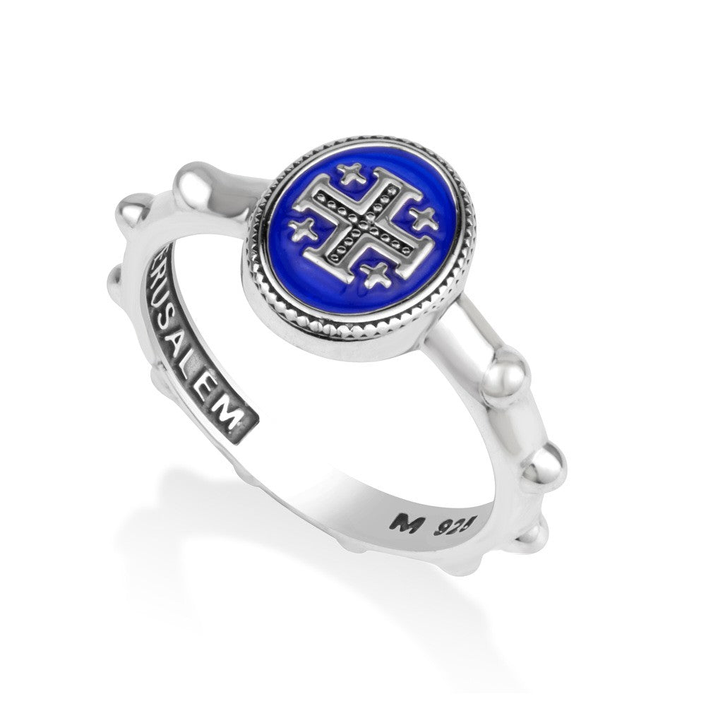 Rosary ring with blue enamel Jerusalem Cross face in sterling silver by Marina Jewelry