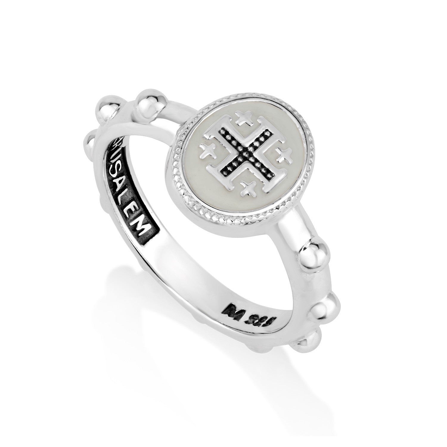 Rosary ring with white enamel Jerusalem Cross face in sterling silver by Marina Jewelry