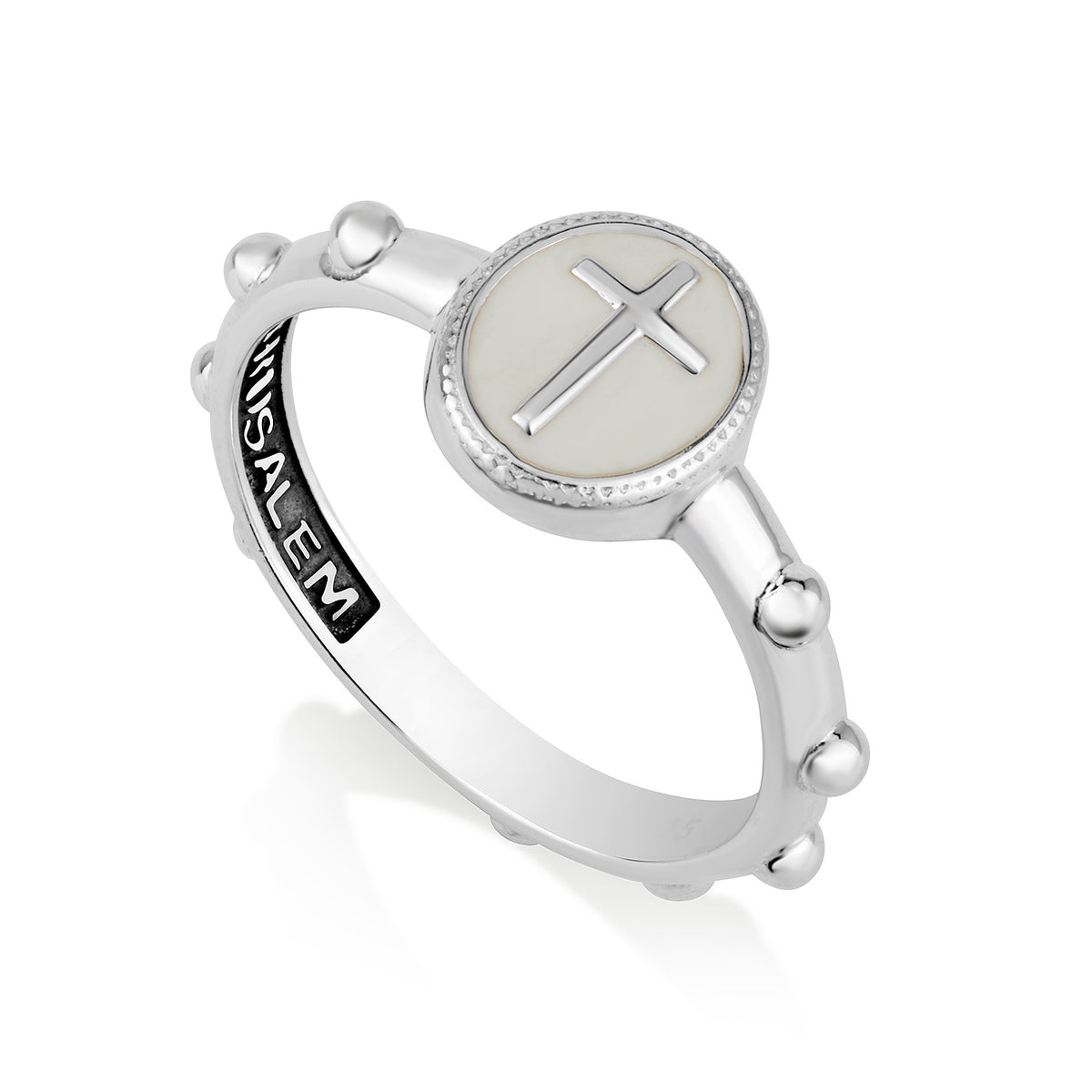 Mother of pearl cross rosary band ring in 925 sterling silver by Marina Jewelry