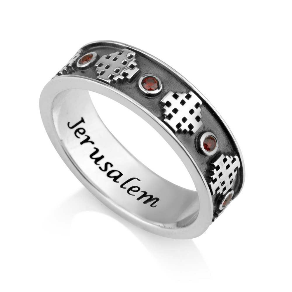 Oxidized Jerusalem Cross Ring in 925 Sterling Silver with Ruby Stones by Marina Jewelry