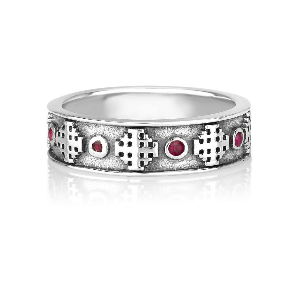 Jerusalem Cross Ring in 925 Sterling Silver with Ruby Stones, Oxidized