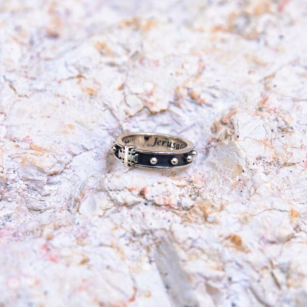 Oxidized decade rosary ring with Jerusalem Cross, engraved Jerusalem inside, by Marina Jewelry