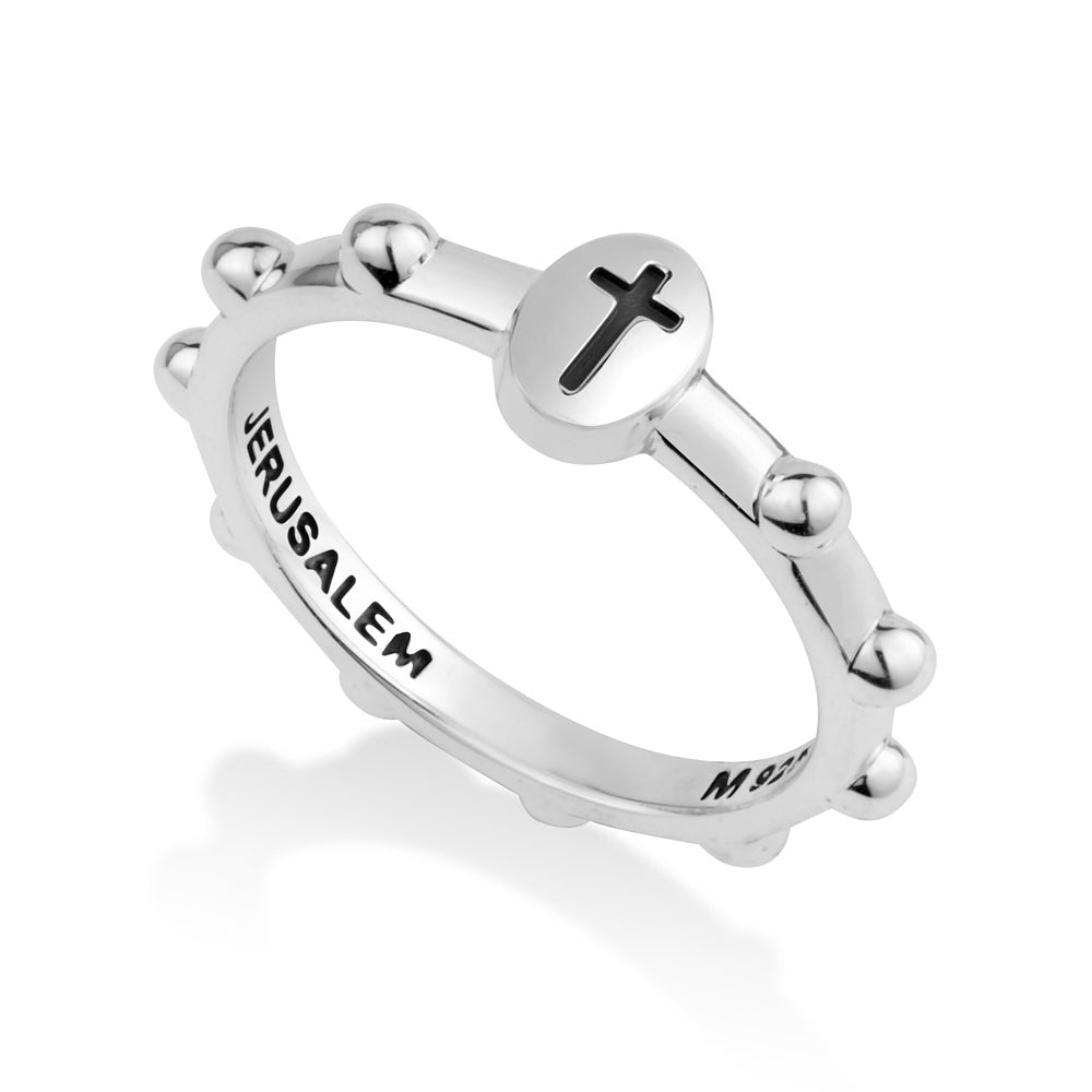 Jerusalem oval cross rosary band ring in 925 sterling silver by Marina Jewelry