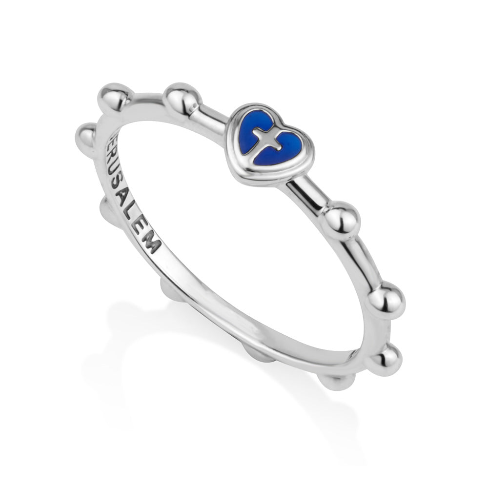 Blue enamel heart and cross rosary band ring in 925 sterling silver by Marina Jewelry